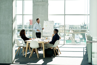 Buy stock photo Meeting, presentation and speaker with business people in office for brainstorming, team and portfolio manager. Whiteboard, pitch and account growth with employees in finance agency for broker report