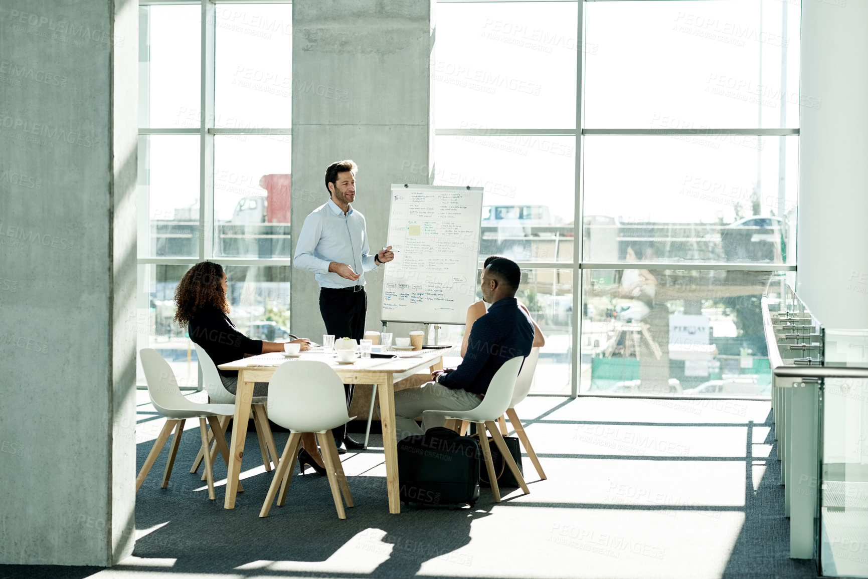 Buy stock photo Meeting, presentation and speaker with business people in office for brainstorming, team and portfolio manager. Whiteboard, pitch and account growth with employees in finance agency for broker report