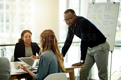 Buy stock photo Meeting, speaker and discussion with business people in office for event planning, project timeline and team. Schedule, pitch and collaboration with employee in agency for feedback and proposal