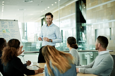Buy stock photo Business man, group and workshop with whiteboard for corporate training, discussion and upskill. Presentation, team and company meeting in office for skills development, knowledge and industry trends