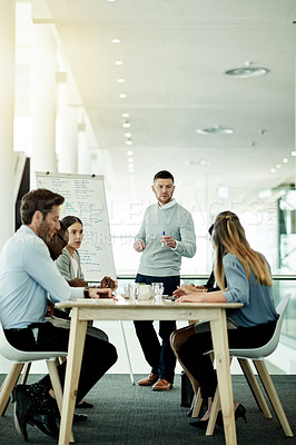 Buy stock photo Business, whiteboard and team with discussion in workshop for policy update, feedback and workflow. Presentation, group and corporate training in office for upskill, compliance and career development