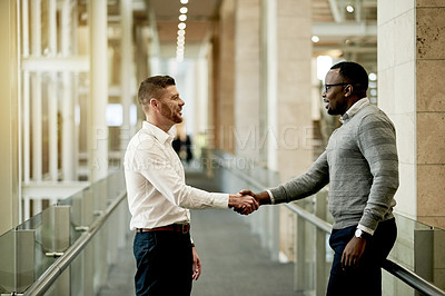 Buy stock photo Business, handshake and men in office, agreement and investment contract with cooperation. People, shaking hands and meeting with b2b deal, onboarding and hello with thank you, greeting and welcome