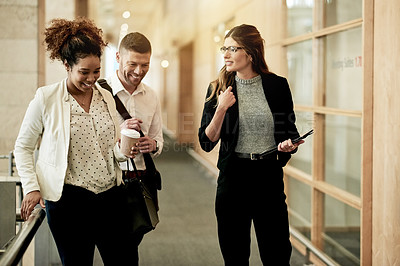 Buy stock photo Business, conversation and people in lobby, funny and planning with creative agency. Employees, journalist and consultant in workplace, discussion and smile with cooperation, laughing and humor