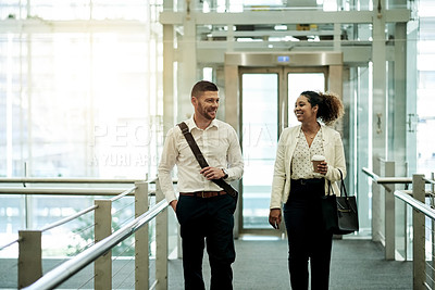 Buy stock photo Walking, smile and discussion with business people in hotel for conference, meeting and opportunity. Convention center, tradeshow seminar and partnership with employees for symposium event and expo
