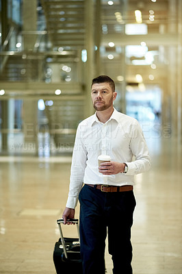 Buy stock photo Man, suitcase and thinking on business trip at airport with baggage, immigration or coffee in lobby for travel. Person, luggage and bokeh at terminal for international departure, flight or journey