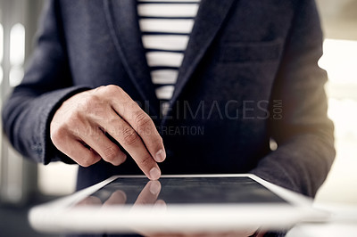 Buy stock photo Hands, scroll or lawyer with tablet in company for research, consulting advice or feedback. Closeup, person or attorney with touchscreen in office with legal advisor, flare or review for court case