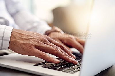 Buy stock photo Hands, attorney and man with laptop in closeup for research, typing online and legal aid. Court case, business or lawyer with technology keyboard in company with advisor, flare or update for review