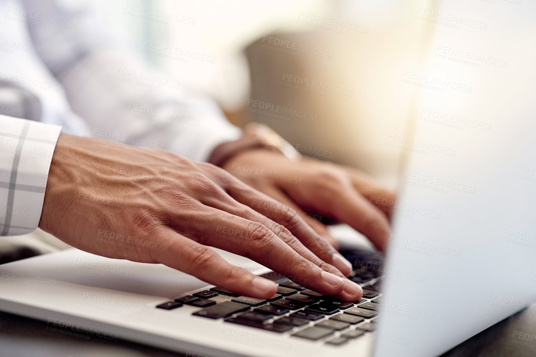 Buy stock photo Hands, attorney and man with laptop in closeup for research, typing online and legal aid. Court case, business or lawyer with technology keyboard in company with advisor, flare or update for review