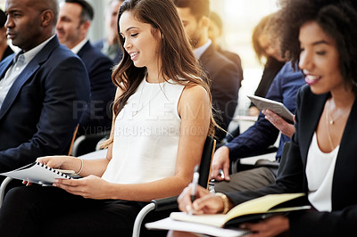 Buy stock photo Business, conference and woman with paperwork in audience for training, learning or knowledge. Global expo, crowd and happy attendee with summit information for career development or upskill feedback