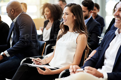Buy stock photo Woman, laugh and business people with conference, workshop or announcement for seminar event. Audience, information and comedy with crowd, proposal and b2b support for presentation or pitch.