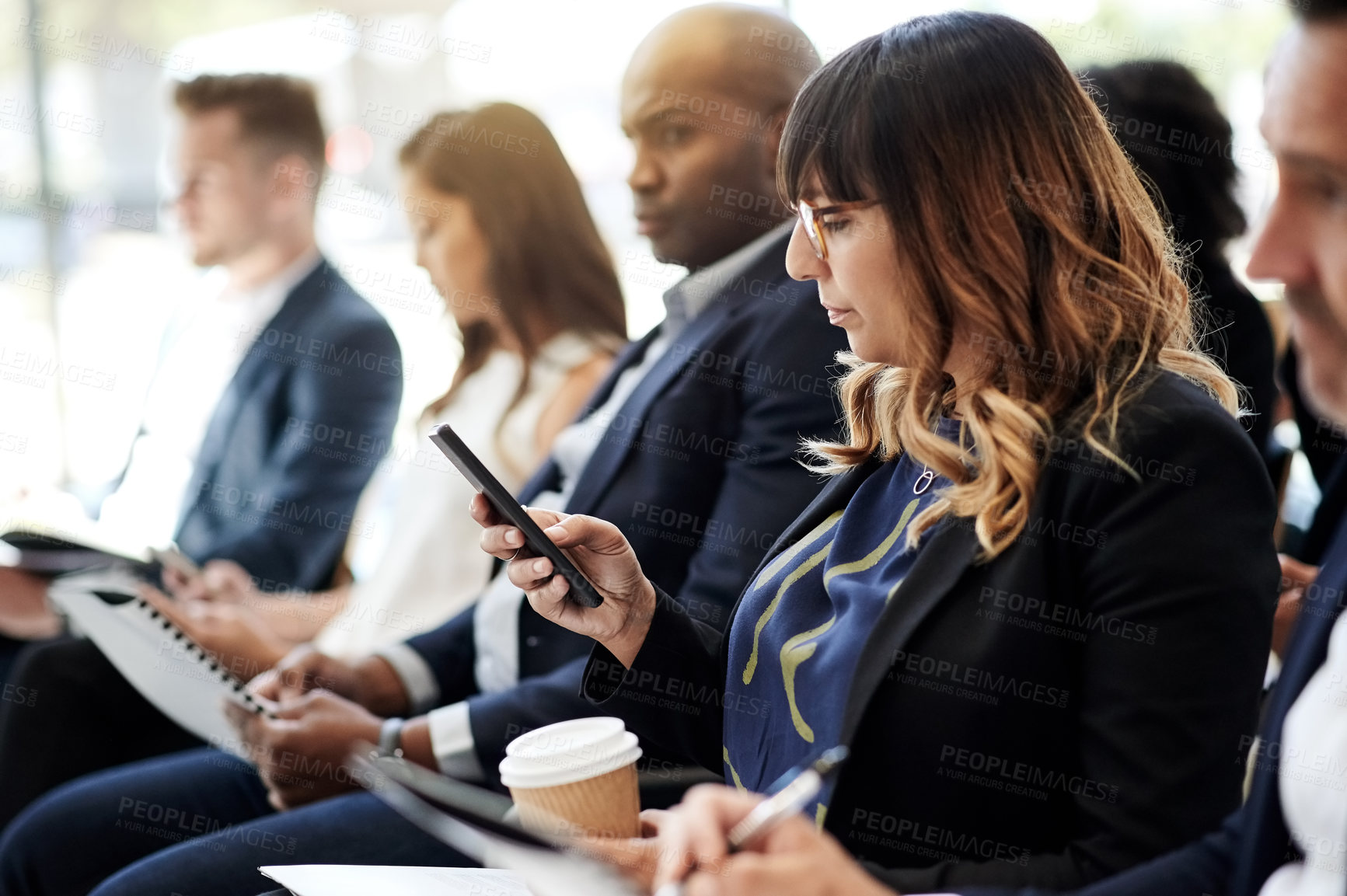 Buy stock photo Woman, phone and business people with conference, workshop or announcement for seminar event. Audience, information and technology with crowd, proposal and b2b support for presentation or pitch