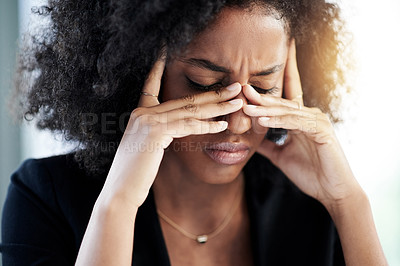 Buy stock photo Burnout, headache or black woman in company with anxiety, brain fog or financial crisis. Stress, mental breakdown or overworked finance accountant in office with job pressure, migraine pain or risk