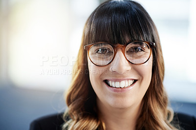 Buy stock photo Portrait, glasses or happy businesswoman in company with smile, pride and confidence. Consultant, professional and financial analyst in office with finance career, opportunity and corporate ambition