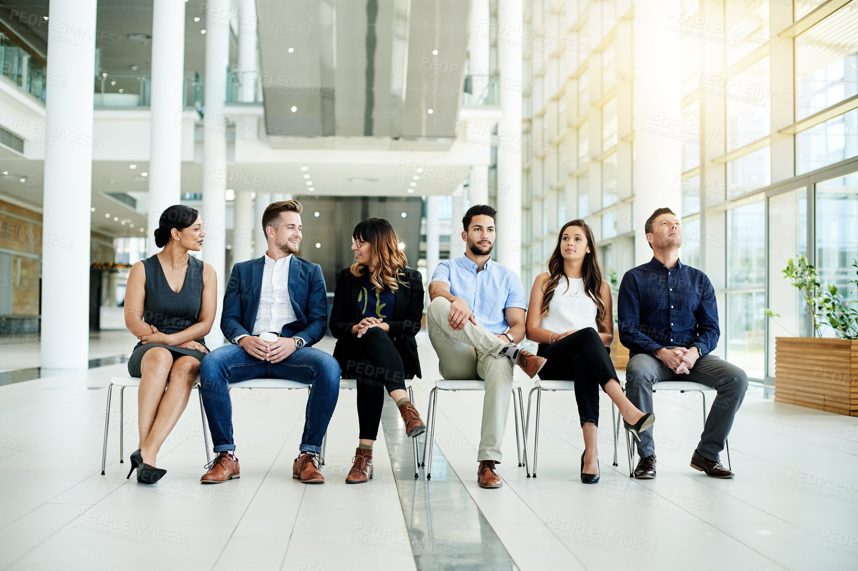 Buy stock photo Job interview, talking or people in lobby for waiting, appointment or human resources. Office, meeting or applicants in line for recruitment process, employment search and application opportunity