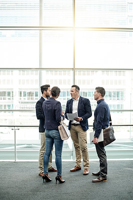 Buy stock photo Office, document and discussion with business people for convention, schedule or event. Meeting, partnership and B2B contract with client for introduction to corporate seminar, networking or workshop
