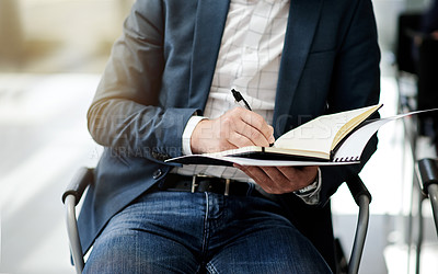 Buy stock photo Hands, person and writing notes in meeting for schedule update, conference agenda and proposal. Man, notebook and paperwork for business training, seminar presentation and information at workshop