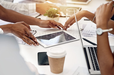 Buy stock photo Laptop, tablet and hands of business people in office with meeting for finance report with budget plan. Technology, discussion and financial advisors working on investment proposal in workplace.