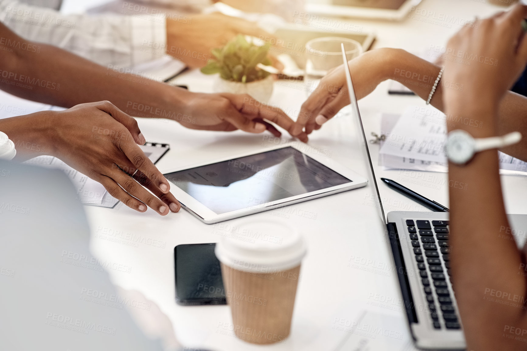 Buy stock photo Laptop, tablet and hands of business people in office with meeting for finance report with budget plan. Technology, discussion and financial advisors working on investment proposal in workplace.