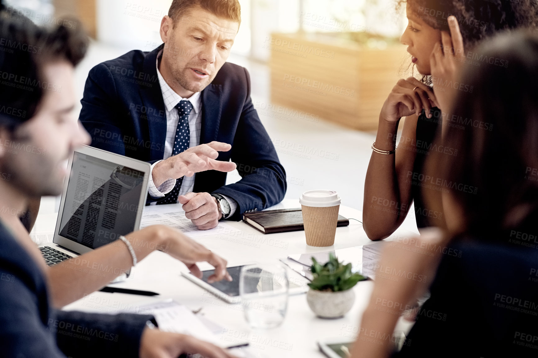 Buy stock photo Discussion, documents or business people in office with finance report, tech or budget planning. Paperwork, meeting or financial advisors working on investment proposal in collaboration in workplace.