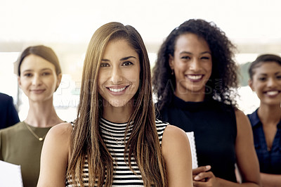 Buy stock photo Portrait, women or leader in office with smile, empowerment or diversity in public relations agency. Confident, happy and female people together in PR startup with collaboration, unity and teamwork.