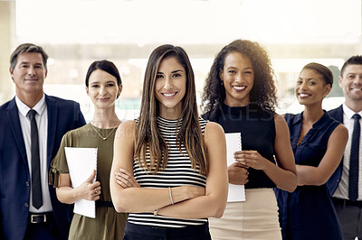 Buy stock photo Happy, people or leadership in office with confidence, about us and portrait for company website. Smile, management and recruitment team in lobby with folded arms, corporate diversity or introduction
