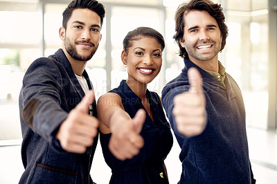 Buy stock photo People, happy or leadership in office with thumbs up, good news or success for candidate. Smile, management or recruitment team portrait in lobby with approval, corporate or diversity for work