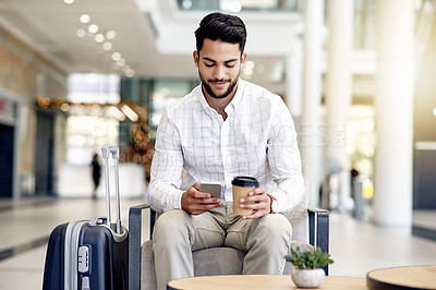 Buy stock photo Business trip, coffee and man with smartphone, airport and communication for job opportunity on web. Checking, booking and person with suitcase for international journey, caffeine and mobile for chat