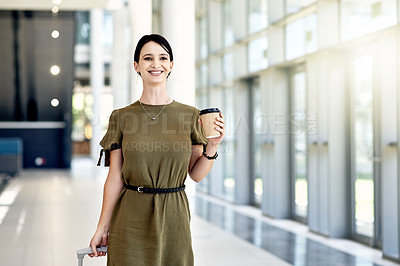 Buy stock photo Coffee, happy and businesswoman in airport with luggage for international work trip with smile. Career growth, travel and female person with drink and suitcase for global corporate opportunity.