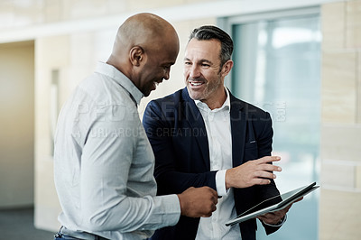 Buy stock photo Meeting, corporate and business men on tablet for finance review, investor advice and planning. Office, collaboration and people on digital tech for financial report, online proposal and discussion