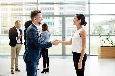 Buy stock photo Businessman, woman and shaking hands for welcome at office, onboarding or introduction and smile. People, human resource manager and handshake in lobby, thanks or hiring process at recruitment agency