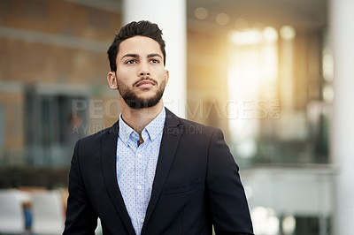 Buy stock photo Business, thinking and man in office, decision and financial agency with contemplation. Investment banker, person and employee in workplace, problem solving and choice with solution or company future