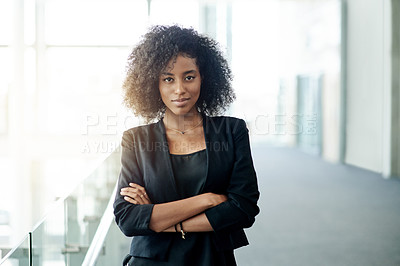 Buy stock photo Portrait, business and black woman with arms crossed in office with about us of property development. Person, realtor and ambition of corporate career, real estate experience and listing opportunity
