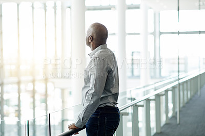 Buy stock photo Business, black man and thinking in office with vision, mindset and decision for compliance. Thoughts, reflection and consultant problem solving, planning or insight for policy development with idea