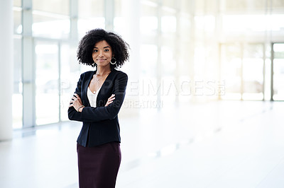 Buy stock photo Happy, crossed arms and portrait of businesswoman in office with confidence for finance career. Space, flare and female financial manager from Brazil with pride for job opportunity in workplace.