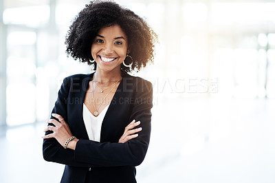 Buy stock photo Professional, crossed arms and portrait of businesswoman in office with confidence for finance career. Flare, space and financial manager from Dominican Republic with pride for job  in workplace.