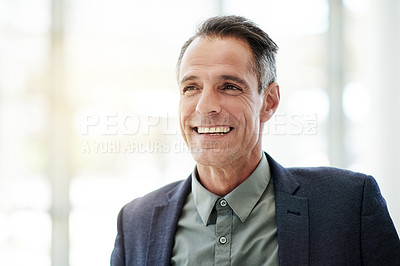 Buy stock photo Business, smile and thinking with mature man for vision, mindset or decision for compliance. Thoughts, reflection and consultant problem solving, planning or insight for policy development in office