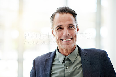 Buy stock photo Workplace, portrait or mature businessman with smile for investment project or venture capital. CEO, space or happy executive director in office with confidence, private equity or finance experience