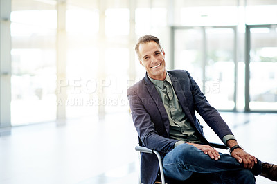 Buy stock photo Smile, portrait and businessman with confidence for law firm, professional career and legal advice. Workplace, mature lawyer and pride for justice, compliance and corporate attorney with office space