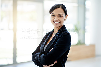 Buy stock photo Portrait, arms crossed and happy business woman in office as financial consultant with flare. Employee, confident professional or investment advisor with career opportunity or about us in Argentina