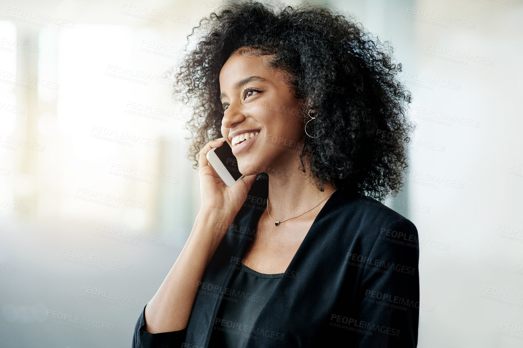 Buy stock photo Phone call, smile and thinking with business woman in foyer for development feedback or update. Communication, conversation and idea with happy African employee in lobby for company networking