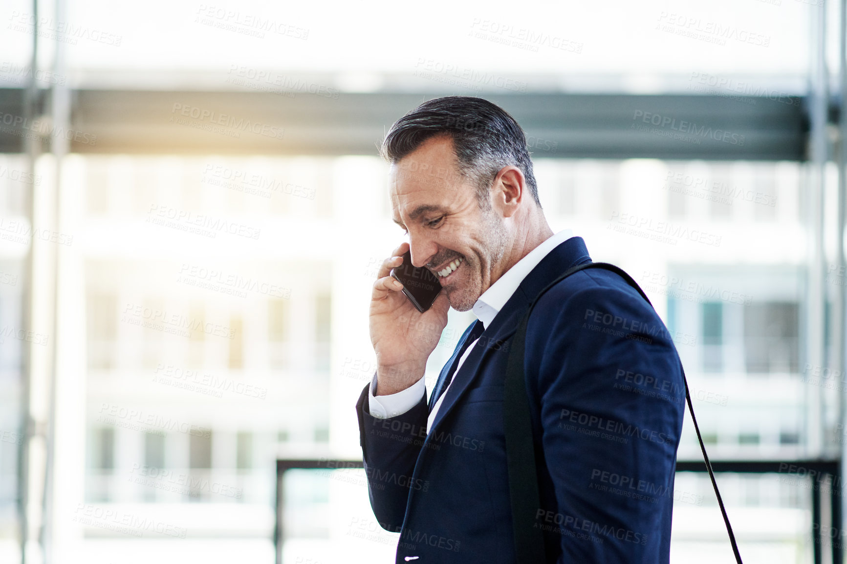 Buy stock photo Business man, phone call and airport for travel to international conference, summit or schedule flare. Corporate trip, bag and mobile communication for flight checkin or contact for global convention