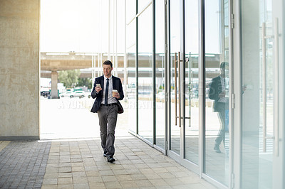 Buy stock photo Coffee, phone and reading with business man in city for morning commute, contact and meeting agenda. Travel schedule, drink and networking with mature person outdoor for text message and notification