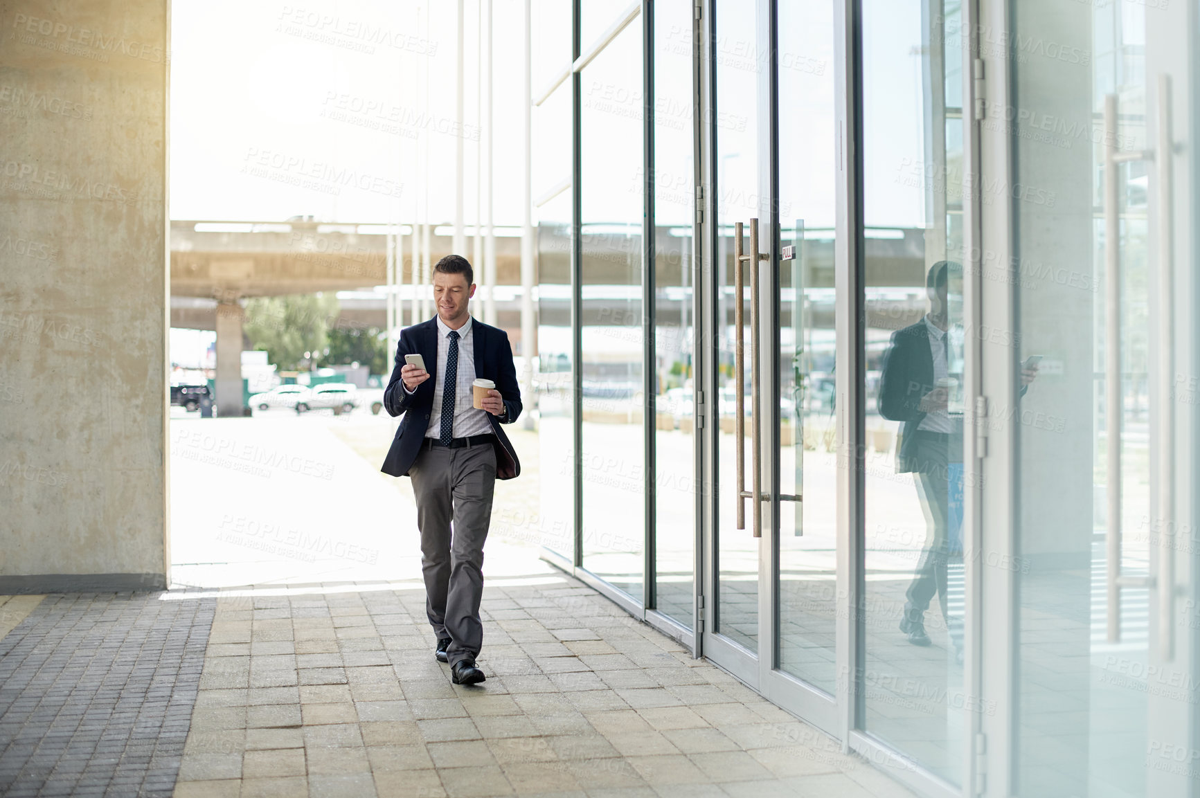 Buy stock photo Coffee, phone and reading with business man in city for morning commute, contact and meeting agenda. Travel schedule, drink and networking with mature person outdoor for text message and notification