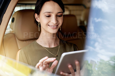 Buy stock photo Business, woman and tablet in car for travel research, browsing social media and urban journey. Female person, window and digital for reading email, internet search and online blog in transportation