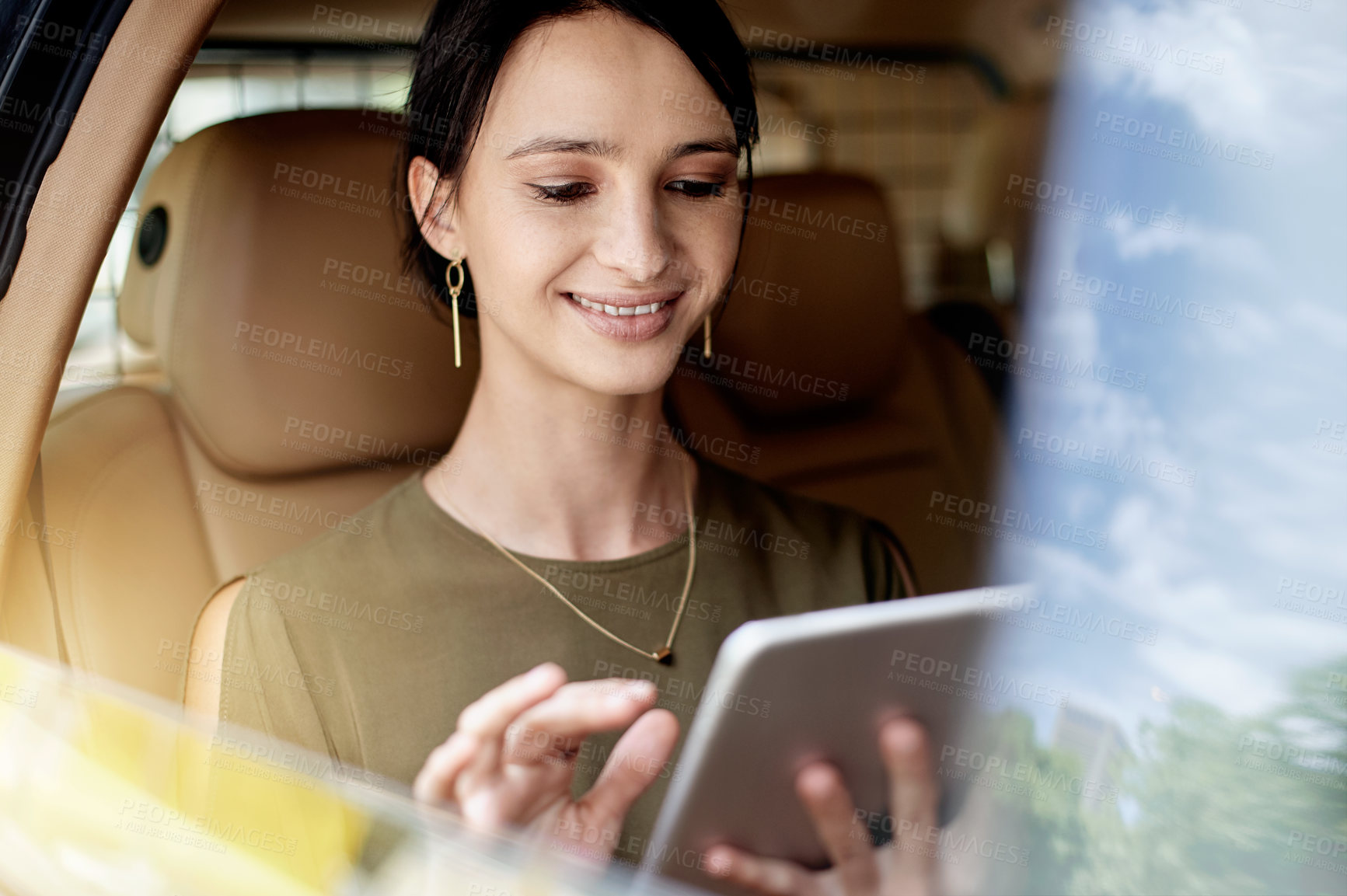 Buy stock photo Business, woman and tablet in car for travel research, browsing social media and urban journey. Female person, window and digital for reading email, internet search and online blog in transportation