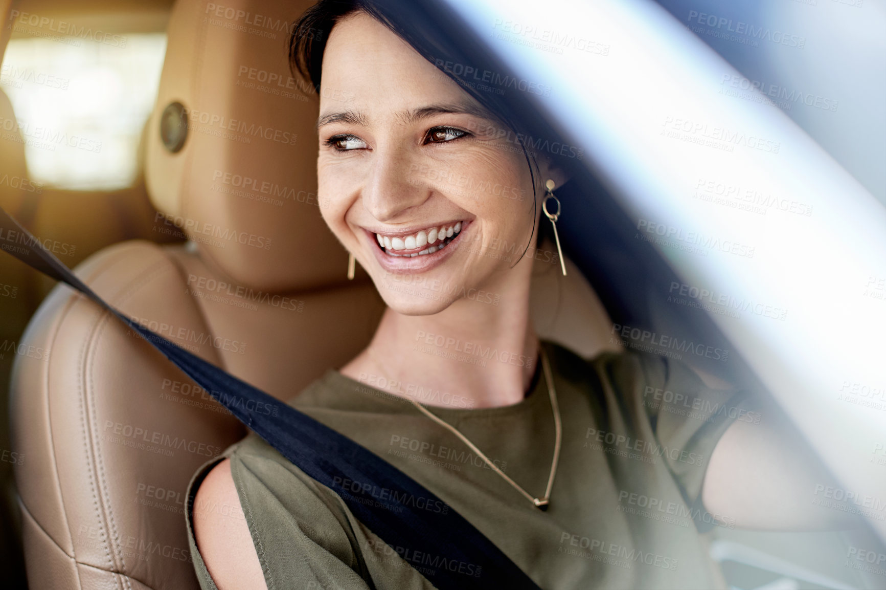 Buy stock photo Thinking, smile and woman in car for travel to work, window view and urban journey. Thoughts, female person and driver happiness with transport for morning commute, traffic jam and drive reflection