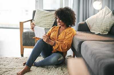 Buy stock photo Happy, woman and online shopping with tablet, living room or card for purchase, customer or payment. Relax, digital and African person with credit for discount, smile and tech for ecommerce in house