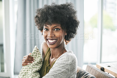 Buy stock photo Break, portrait and smile with woman on sofa in living room of home for me time or weekend wellness. Afro, relax and satisfaction with happy African person in apartment for chilling or cozy rest
