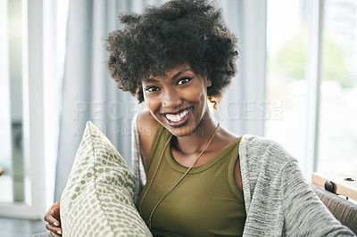 Buy stock photo Afro, portrait and relax with woman on sofa in living room of home for break, me time or wellness. Satisfaction, smile and teeth with happy African person in apartment for weekend optimism or rest