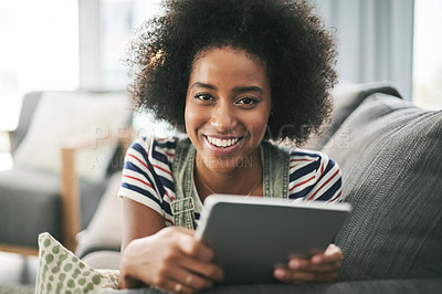 Buy stock photo Girl, portrait and smile with tablet on sofa for college application, course research and relax. Student, black person and happy with digital tech in home for university registration or online portal